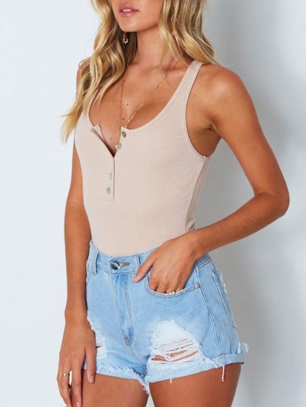 Beige Ribbed Bodysuit Sleeveless Button Front Snap Bottom Size S REORIA